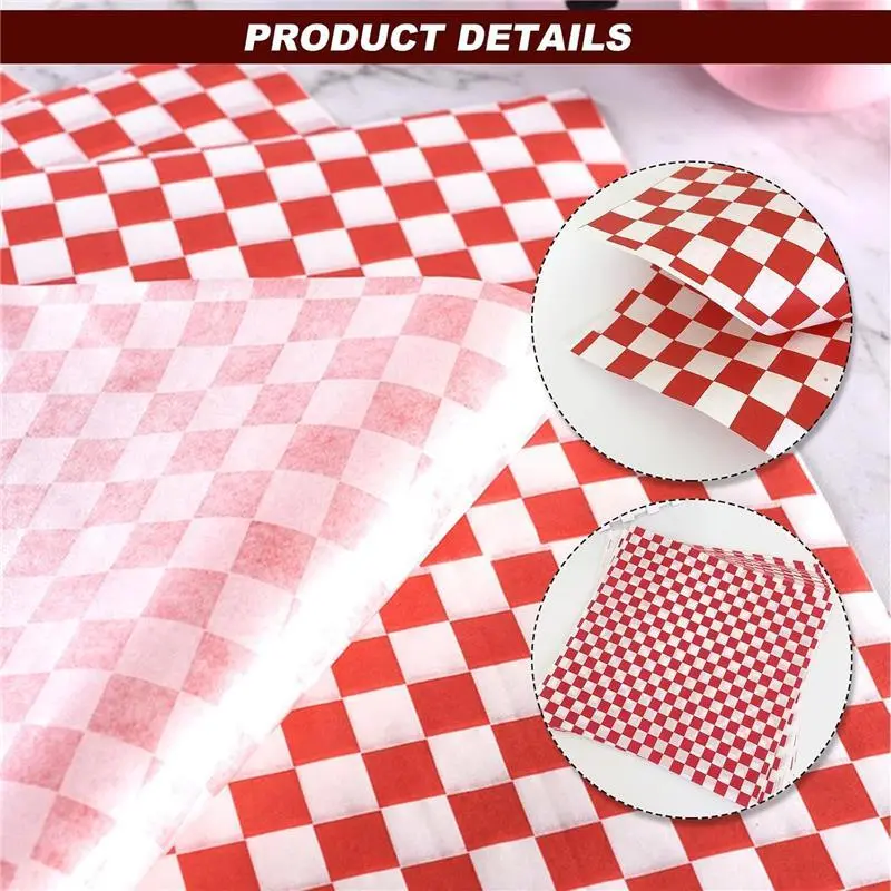 Greaseproof Paper Sheets, 100 Pcs Food Burger Wrap Paper Grease Proof Fish and Chip Burger Sandwich Wrapping Sheets Red Printed Bakeware Classic 4