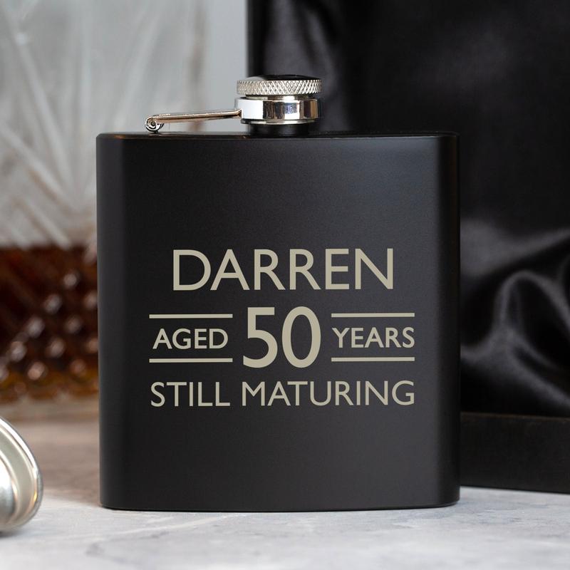 Personalised 6oz Black Aged Birthday Hip Flask 0