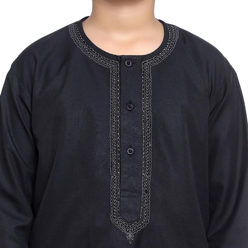 KIN-KG607-B - Boys Plain Kurta with Embroidery embellishment around neck and buttons area, comes with Shalwar. Ple 5