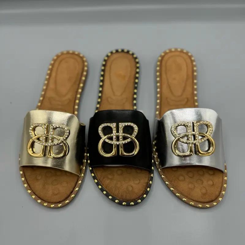 Women's Black Silver Gold Slider Sandal with Soft Cushioning for Summer Holiday- Ladies Flat 7