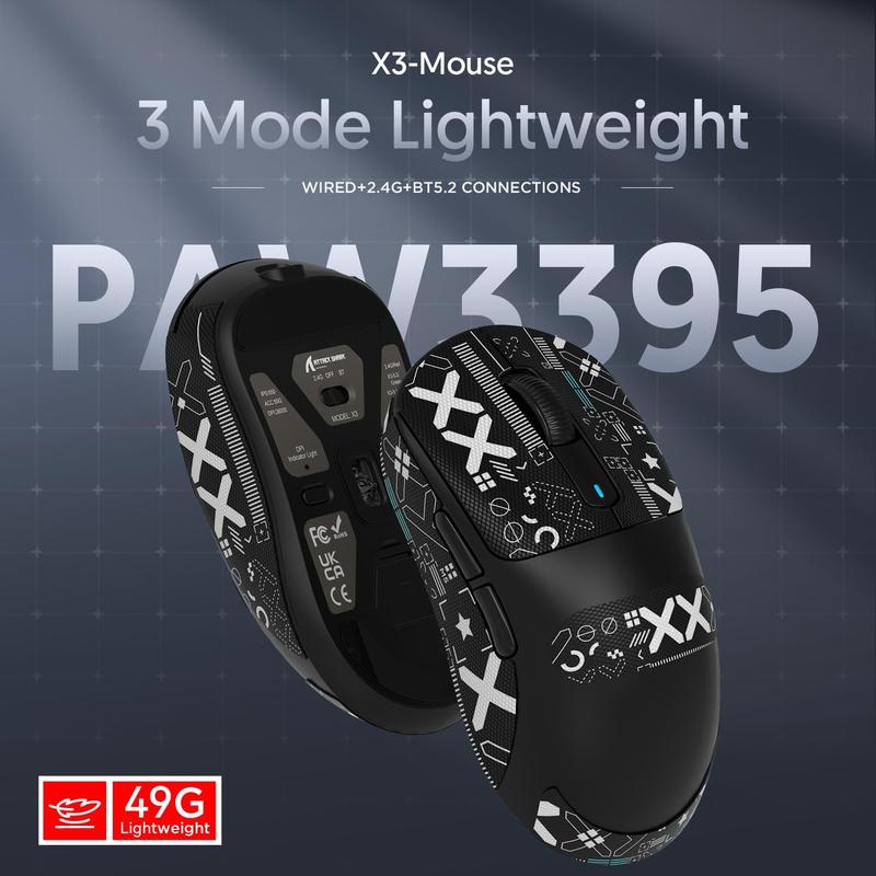 ATTACK SHARK X3 49g SUPERLIGHT Mouse with Tape, PixArt PAW3395 Gaming Sensor, BT/2.4G Wireless/Wired Gaming Mouse, 6 Adjustable DPI 26000, 200 Hrs Battery, Office Mice for Win11/Xbox/PS/Mac 7