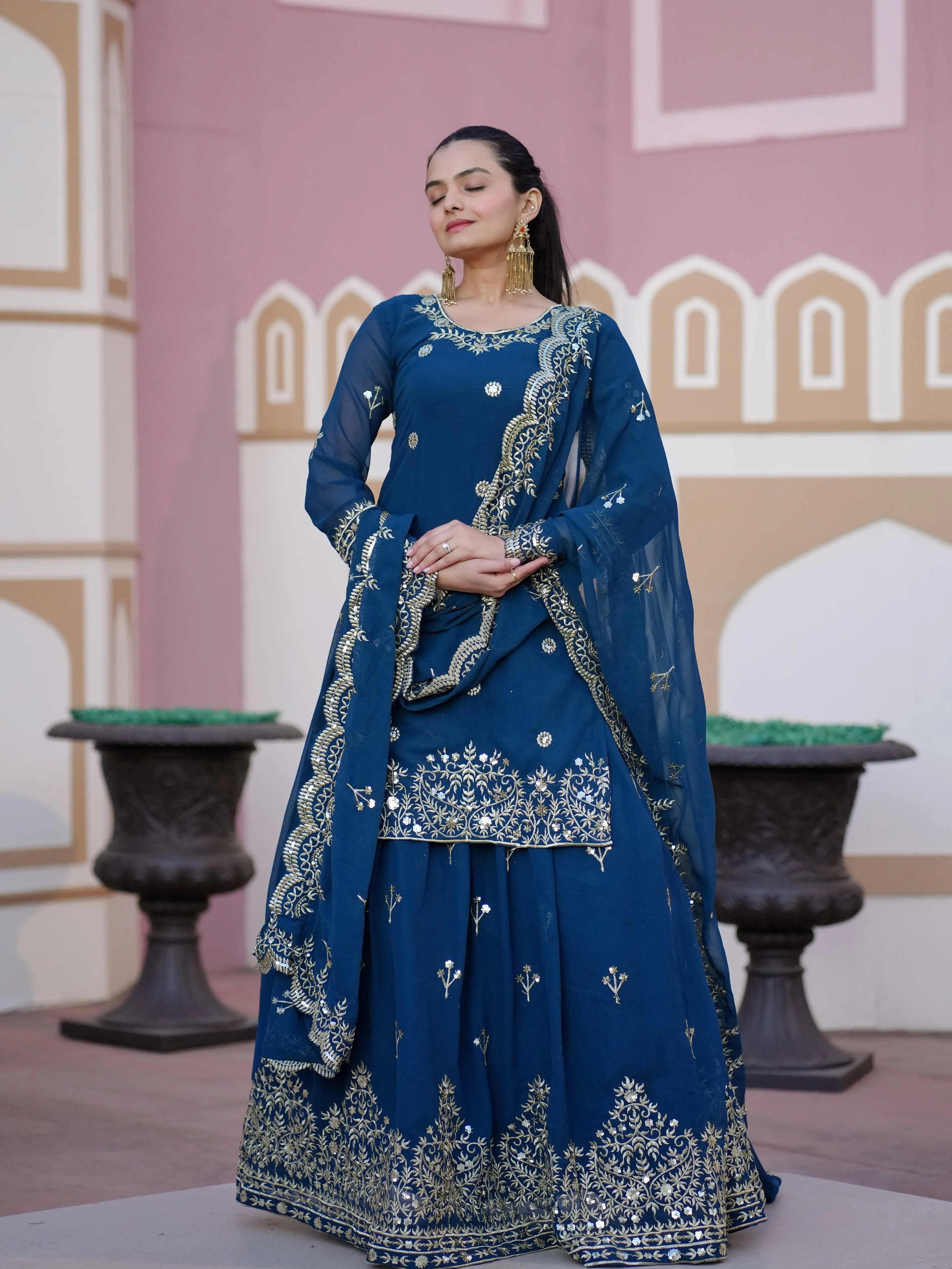 Premium Navy Blue Embroidered Anarkali Dress with Dupatta for Women - Traditional Festival & Occasion Wear, Golden Floral Design, Elegant Fit, Comfortable Palazzo, All Sizes Available, Perfect for Weddings, Parties, and Celebrations