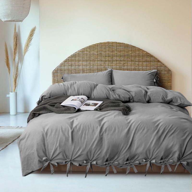 Luxury 3 Piece Duvet Quilt Cover Set Plain Bow Knotted Duvet Covers with Pillowcases Button Closure Breathable Microfiber Dyed Duvet Covers Sets 7