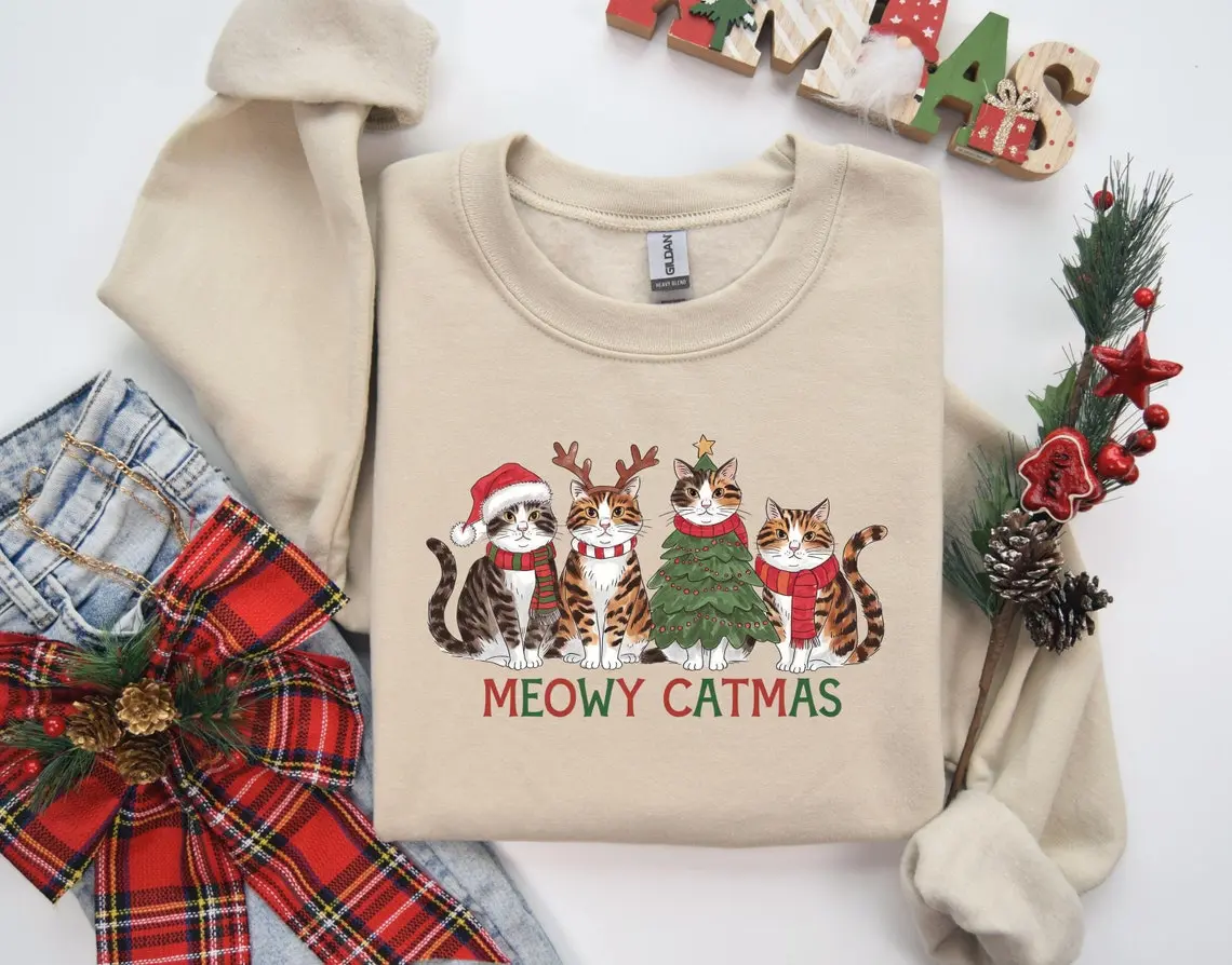 Meowy Catmas Sweatshirt, Cat Christmas Sweatshirt, Cat Lover Christmas Sweater for Men and Women - Classic Cotton - Unisex Sweater - Minimalist Pullover Fabric Menswear