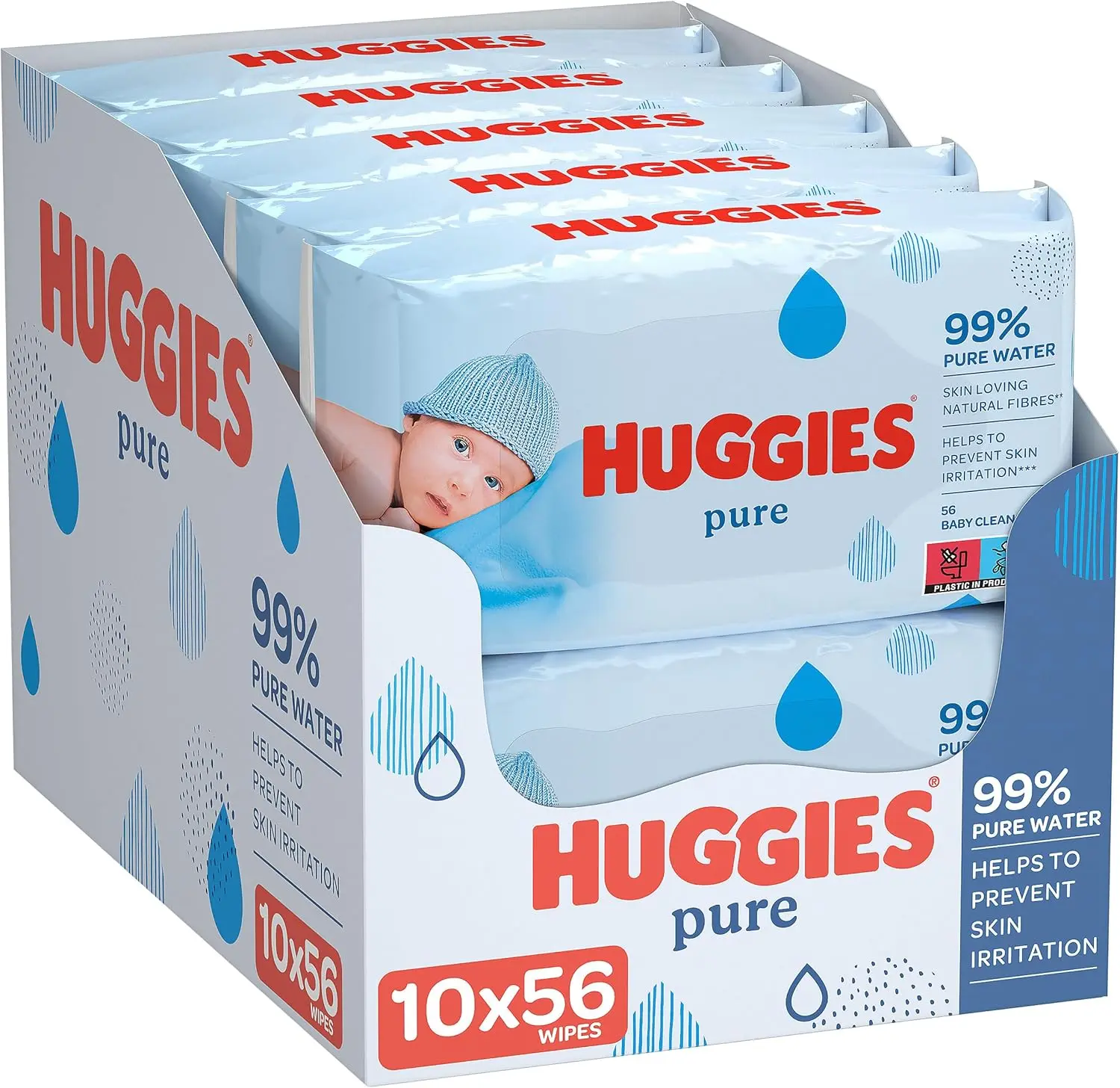 Pure Baby Wipes - Pack of 10 (10 x 56 Packs, Total 560 Wipes)