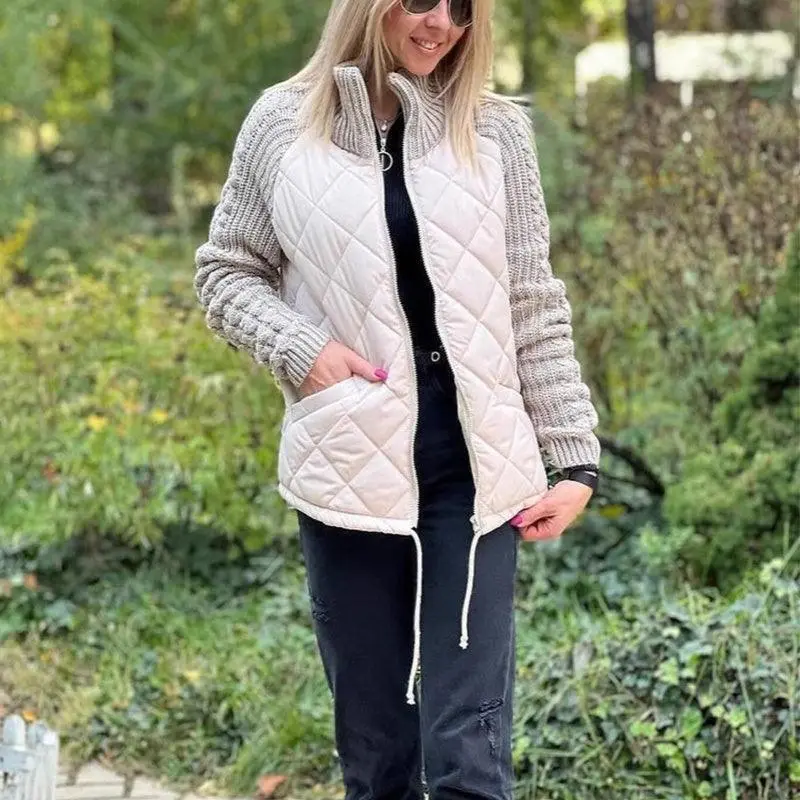 Women Stand Collar Fashion Knitted Stitching Jacket Womenswear coat solid minimalist Fabric Knitwear Army Check Garment Hoodie 8
