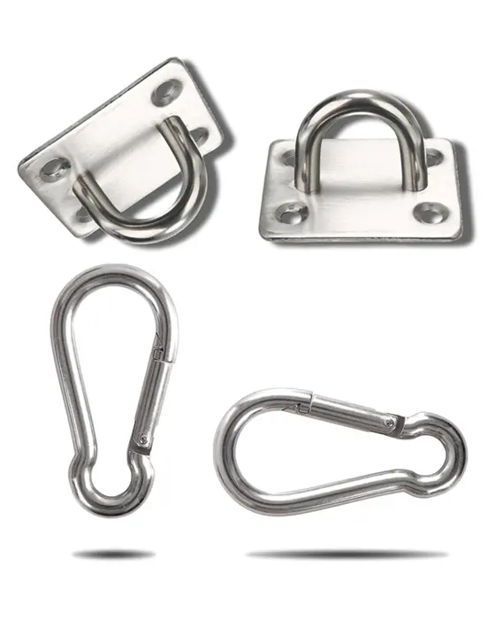 Carabiner Clips 2 Pcs M6 Oblong Pad Eye Plates and 2 Pcs, Stainless Steel Ceiling Hook and Loop Suspension Kit, Marine Hardware Anchor Plates with U Hooks, Screws, and Plastic Wall Plugs