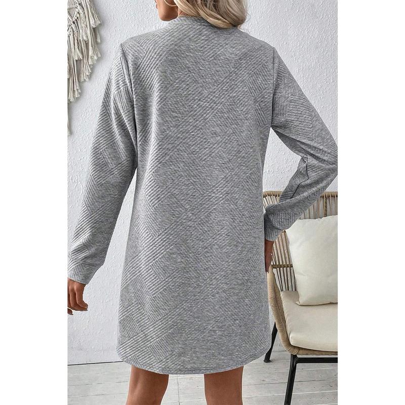 Gray Solid Color Textured Long Sleeve Shift Dress 2