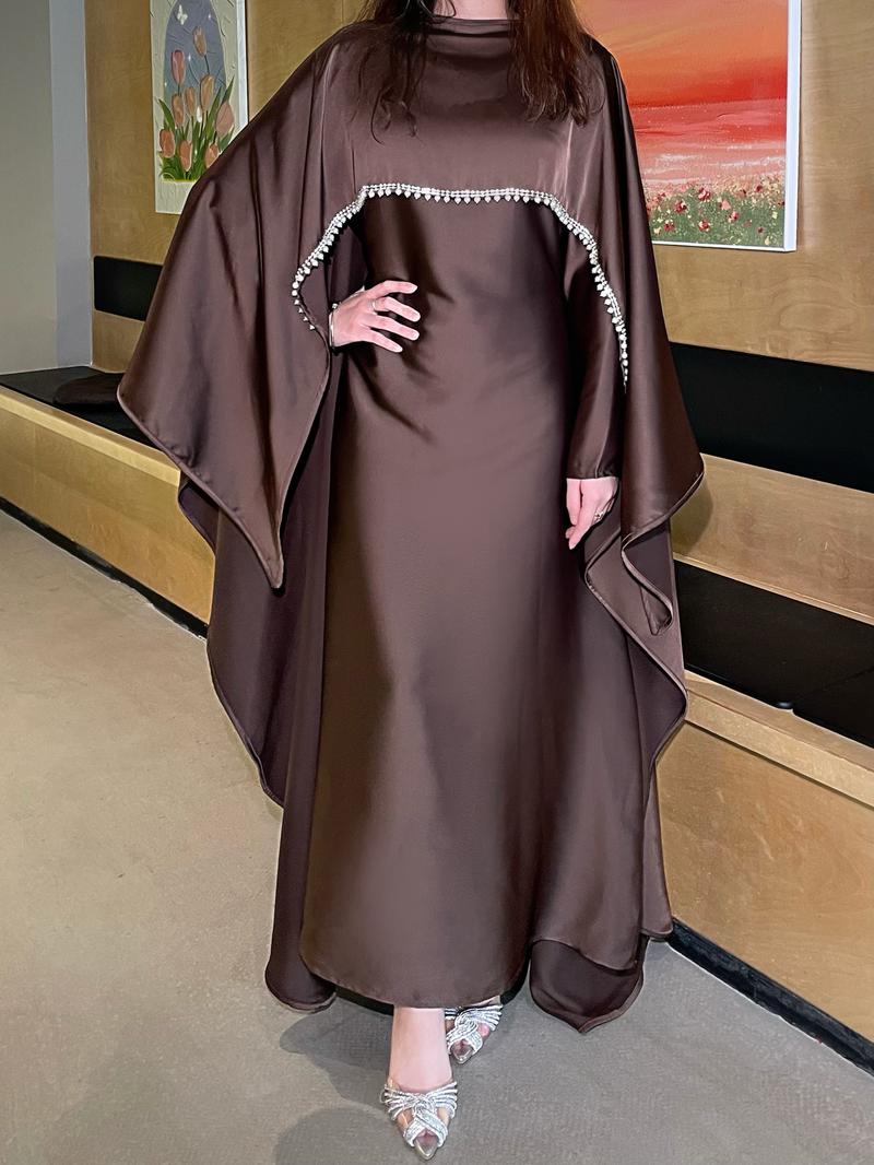 Product Introduction of 2025 Ramadan Promotion Two- piece Satin cape elegant dress , occasion abaya , Modest dress with pearl and crystal 22
