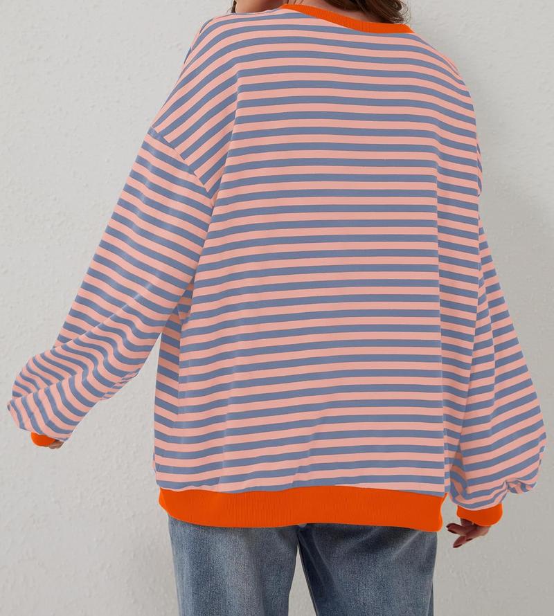 Product Introduction of Women's Colorblock Striped Print Contrast Binding Drop Shoulder Sweatshirt, Casual Long Sleeve Round Neck Pullover for Fall & Winter, Ladies Clothes for Daily Wear, Tops for Women Womenswear Hoodie Bridal Comfort Crewneck Baggy Loose 10