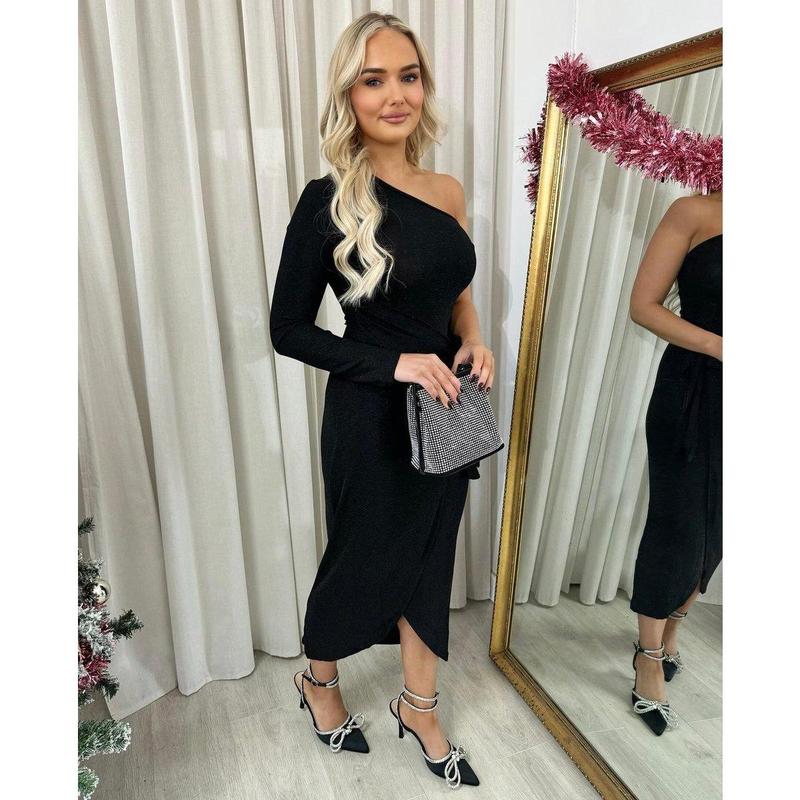 iKrush One Shoulder Wrap Front Glitter Midi Dress i38442 Bodycon Wrap   Mid Calf Length  Collared One Shoulder Occasionwear Partywear Plain Date Night Going Out Party 7