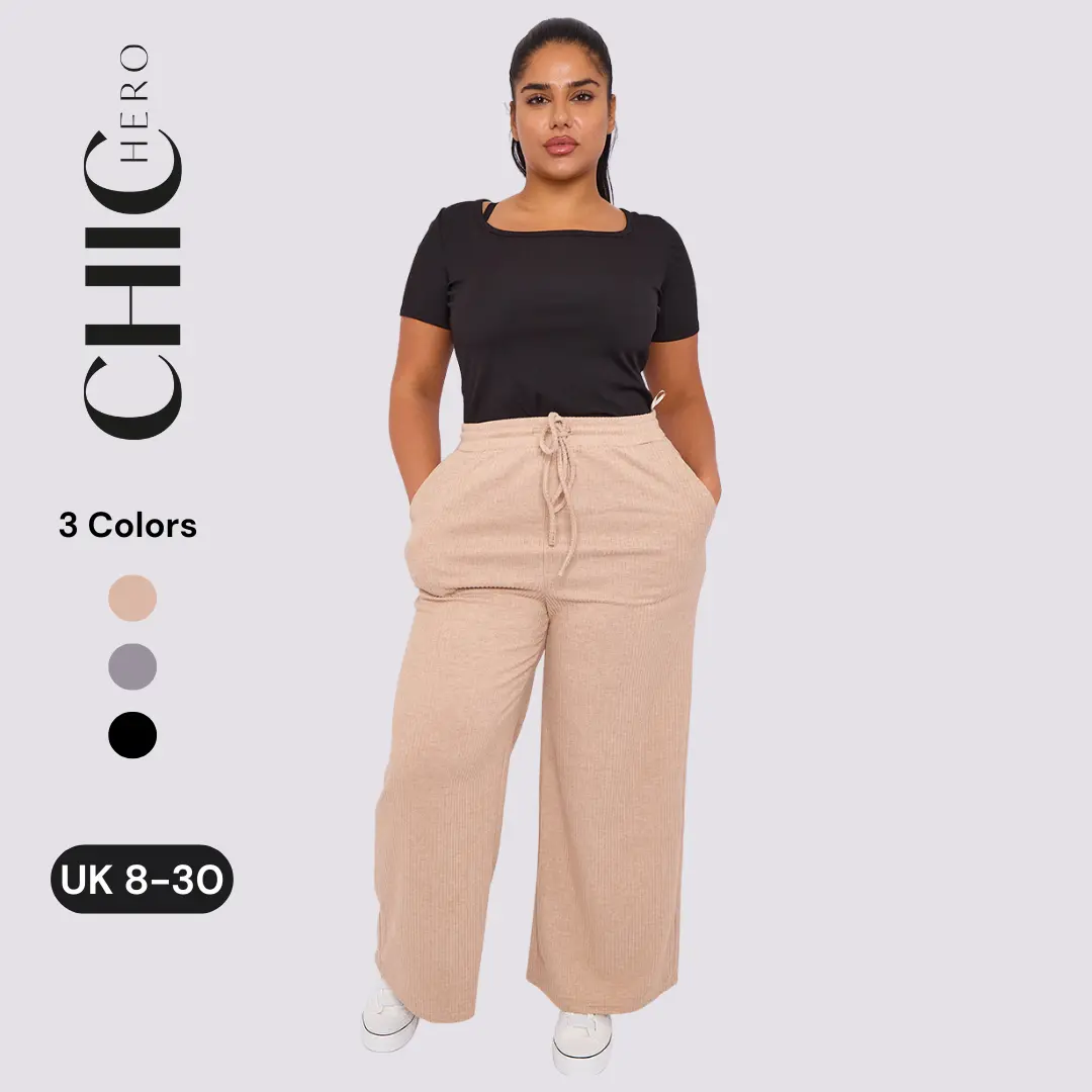 ChicHero Premium Ribbed Thicker Jersey Stretch Wide Leg Comfy Casual Trousers With Drawstrings and Pockets