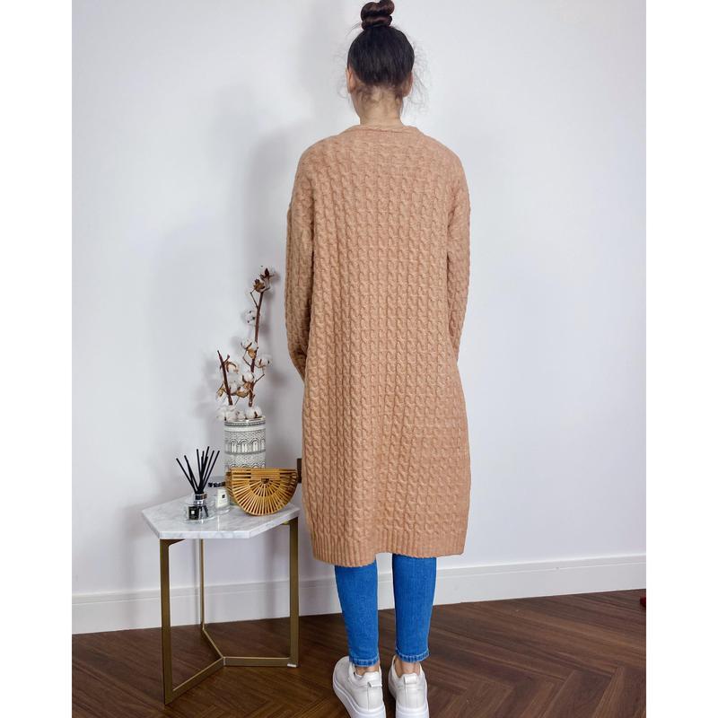 Cable knit design wool-blended long oversized cardigan in Beige 2