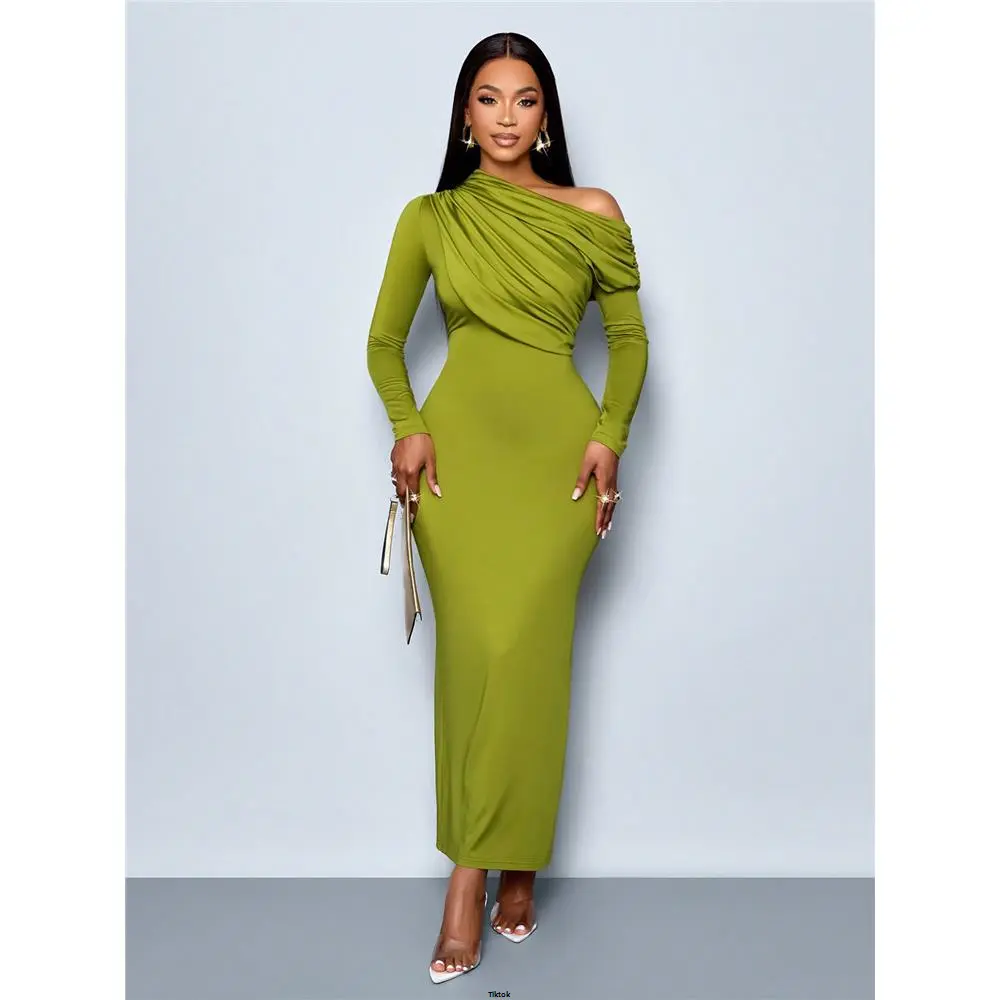 Bodycon Elegant Pleated Party Christmas For Suitable SOLERSUN Vacation Dating Asymmetrical Neck Dress