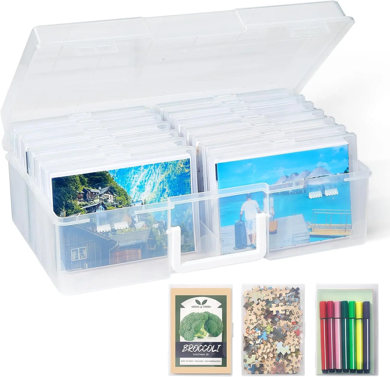 Photo Storage Box 4x6 Photo Case, 14 Inner Photo Keeper, Clear Photo Boxes Storage with 1 Sheet Label Sticker, Plastic Craft Storage Box with lids for Cards Pictures Stamps Office Supplies Container Organiser