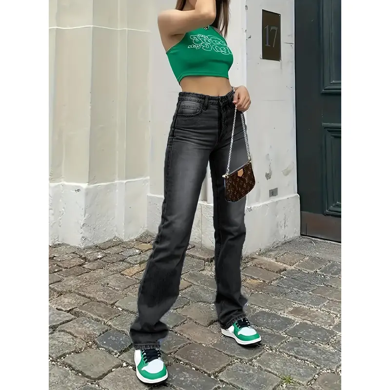 High Waist Light Washed Straight Jeans, Slash Pocket Casual Loose Fit Denim Pants, Women's Denim Jeans & Clothing 3