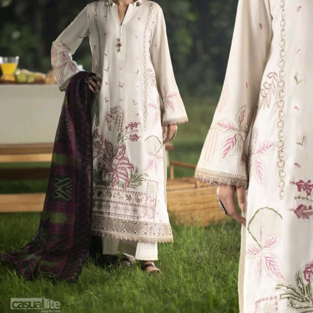 White 3 PC Embroidered Lilen suit casual lite
