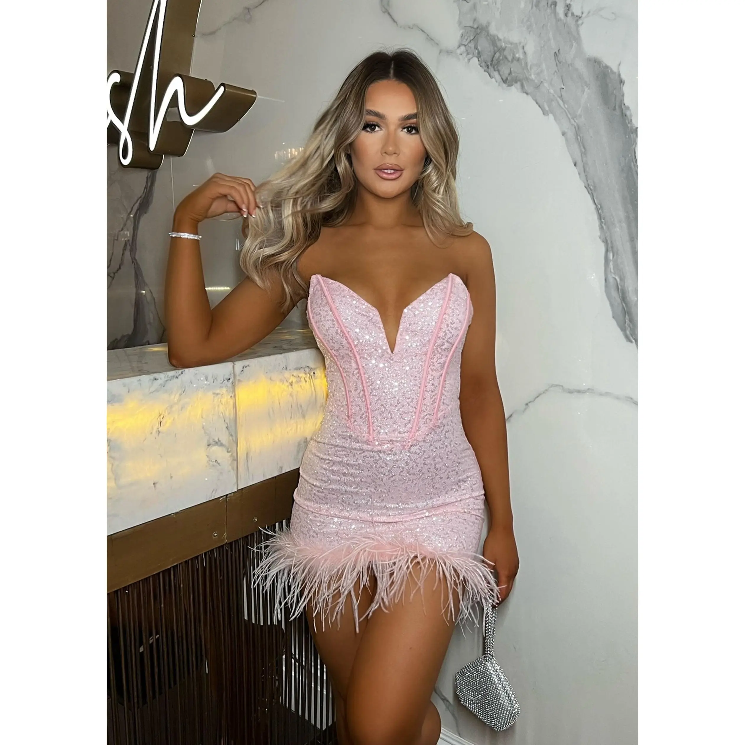 Princess Vibes Sequin Feather Mini Dress - Pink
