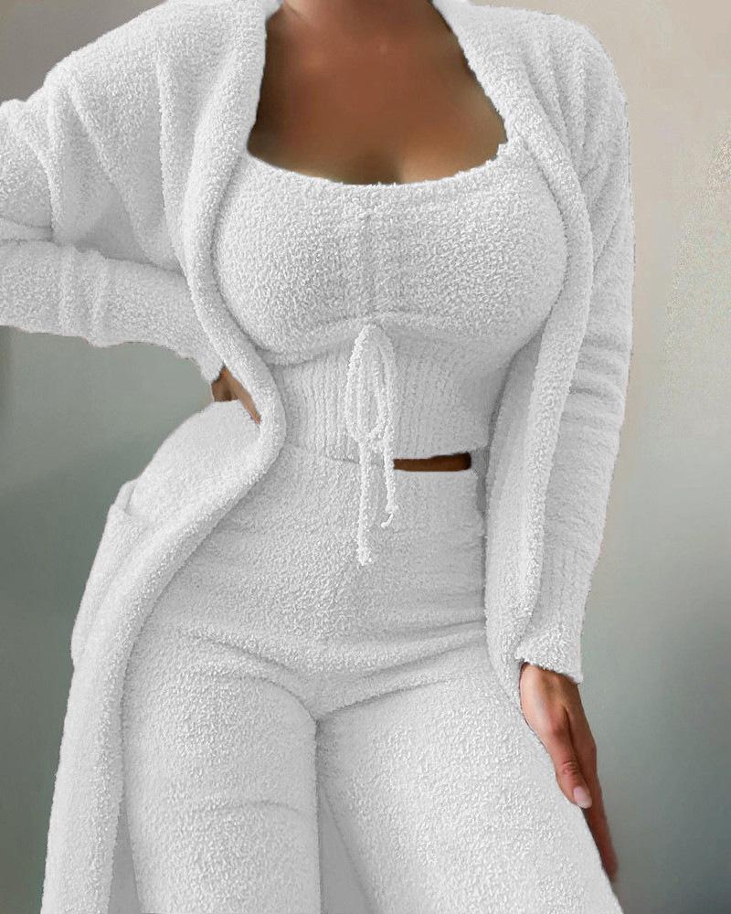 Product Introduction of 2025 New Autumn Winter Women's Plush Pajamas Set Crop Tops+Long Pants+Coat 3 Pieces Suit Homewear Matching Sets Warm Pyjamas Pjs 1