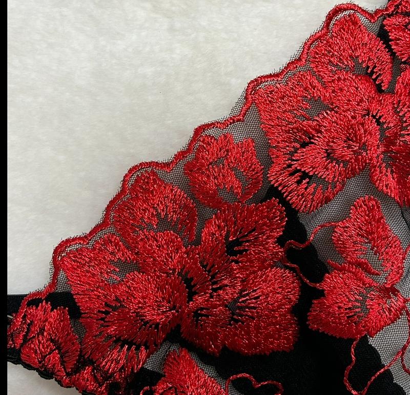 Liliosa Lingerie Elegant Floral Embroidery Silky Satin Red & Black Sexy Lingerie Set (Clasp Bra+Adjustable Panty), Adjustable Spaghetti Straps, Elegance Bralettes Bra Comfort Thin Thong , Comfortable  Contrast Mesh Sheer Womenswear Underwear Fabric Fit 4