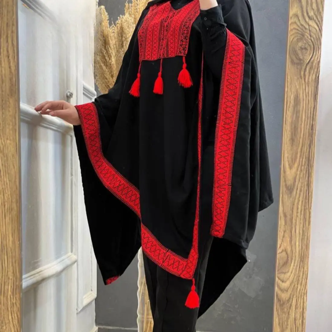Todays Look: (TOP ONLY)Black and red Crepe shawl with Embroidery for Women Palestinian Culture Style