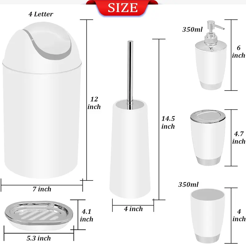 6PCS Bathroom Accessory Set - Waste Bin, Soap Dish, Soap Dispenser, Toilet Brush & Holder, Tooth Brush Holder, Rinse Cup - 4L Capacity 1