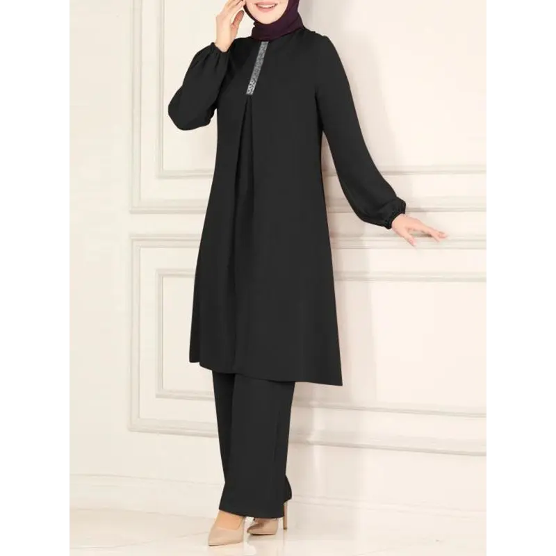 Women's Plain Contrast Sequin Bishop Sleeve Round Neck Top & Wide Leg Pants Islamic Set, Casual Long Sleeve Top & Trousers for Daily Wear, Ladies Islamic Clothing for All Seasons,abaya for women 4