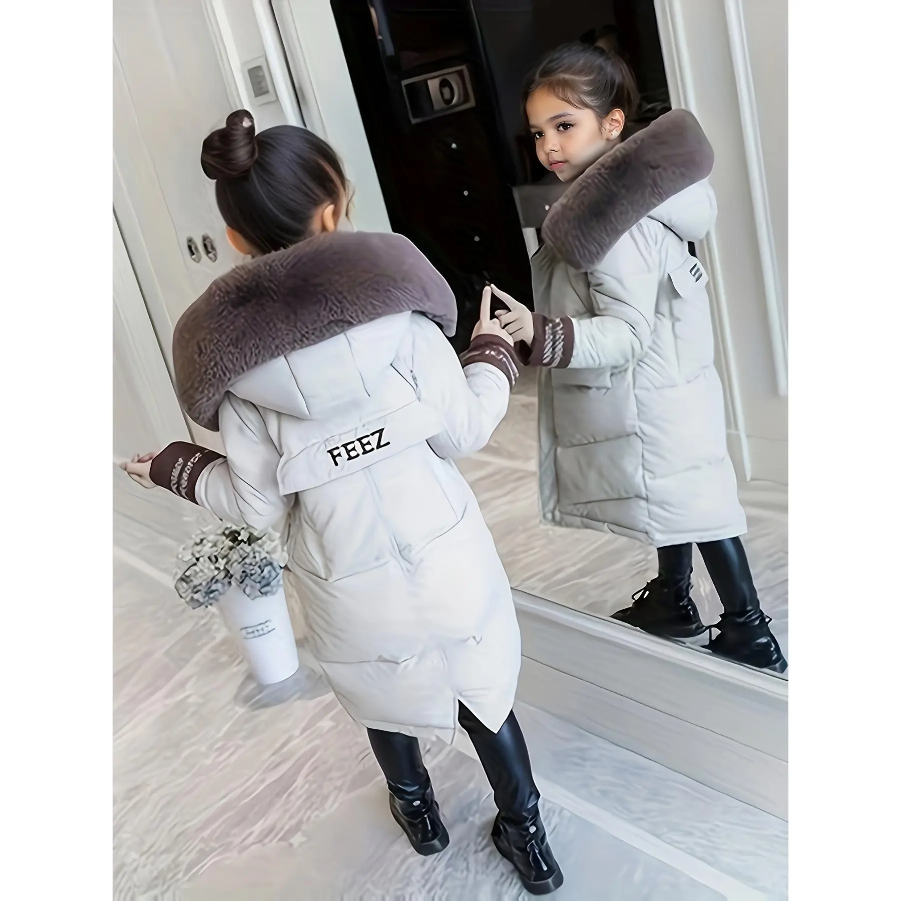 Girls Trendy Furry Hooded Collar Long Polyester-Padded Jacket, Mid-length Kids Winter Clothes