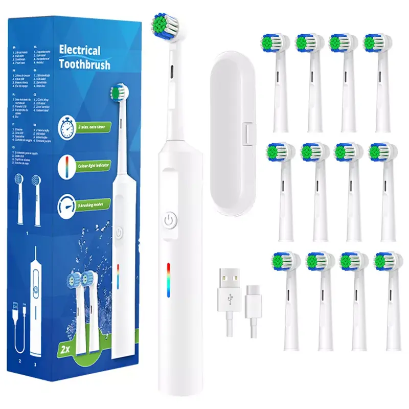 Toothbrush Electric Rechargeable Pro Rotating Brush Heads Timer Modes Usb 8