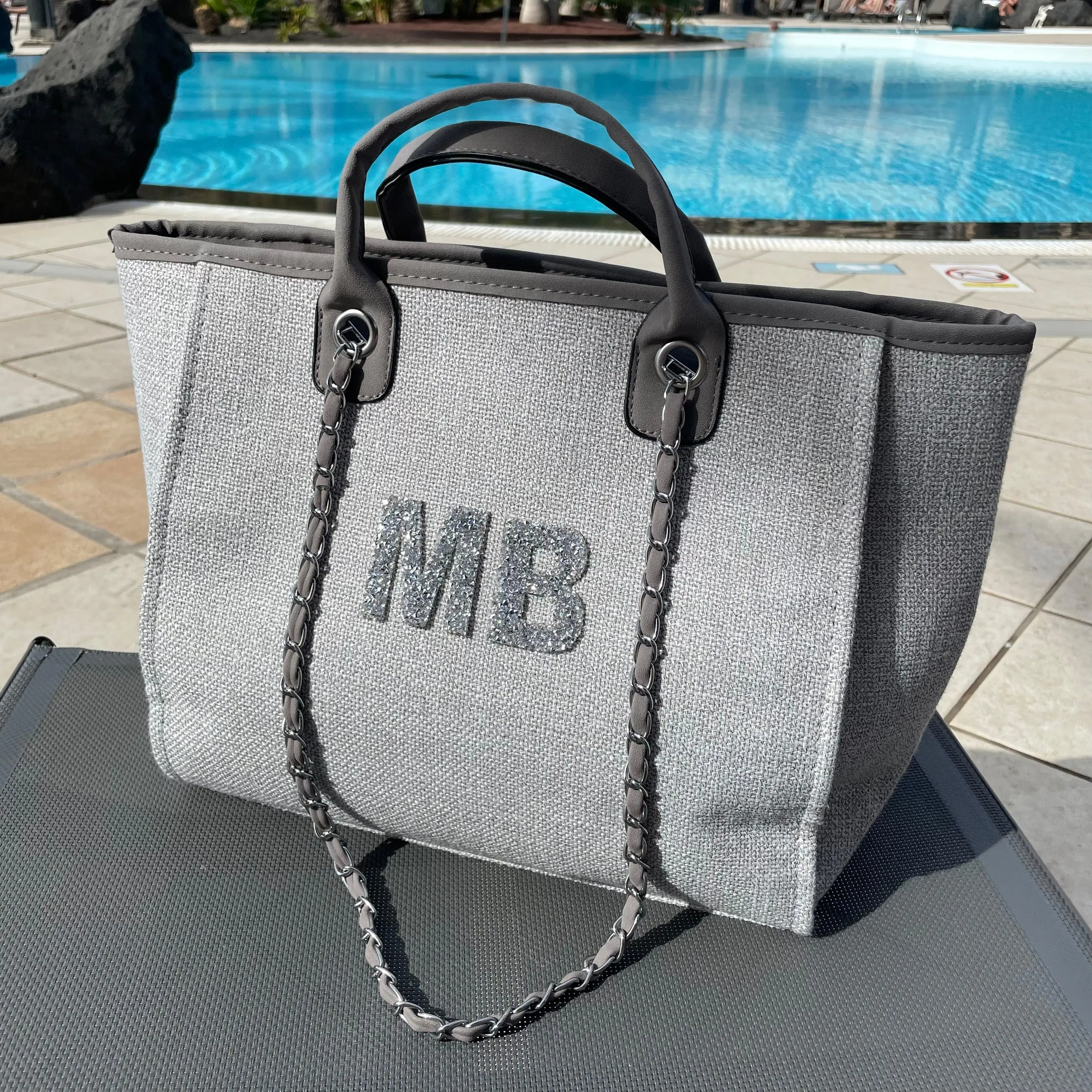 Personalised Silver Crystal Large Initial Chain Tote Bags