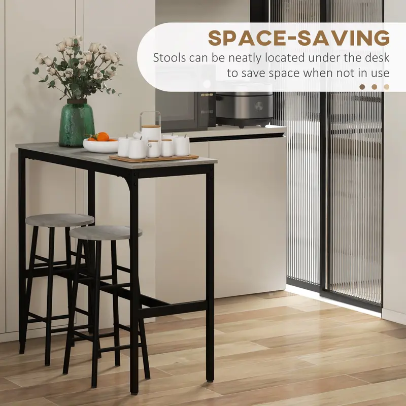 HOMCOM 3 Piece Bar Table Set with 2 Stools, Industrial Bar Table and Stool Set, Dining Table and Chair Set for Small Space, Grey 4
