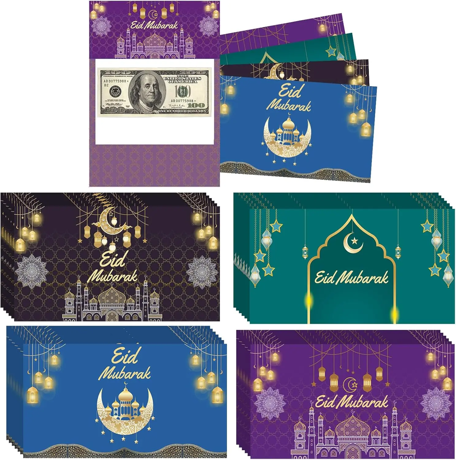 24 Pack Eid Ramadan Money Envelopes & Gift Card Holders - Ramadan Party Favors for Kids - Eid Mubarak Cash Gift Boxes with Greeting Card Eid Mubarak Designs