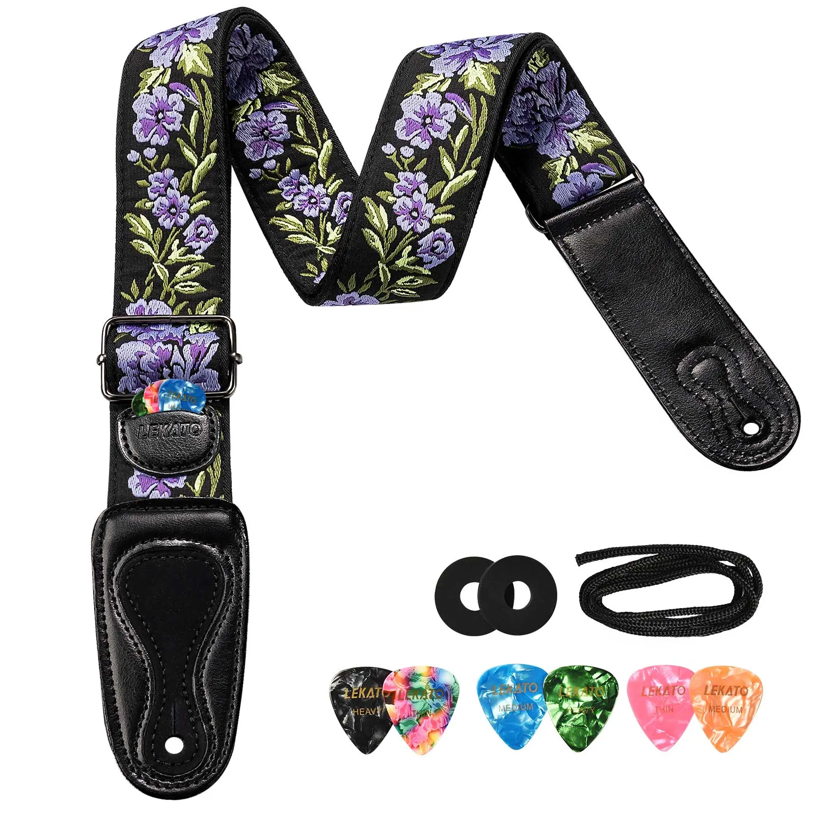 LEKATO Guitar Strap, Electric Acoustic Guitar Strap, LGS-6 Guitar Belt with 6 Guitar Picks & 2 Strap Locks, Flower Embroidery Pattern for Acoustic and Electric Guitars