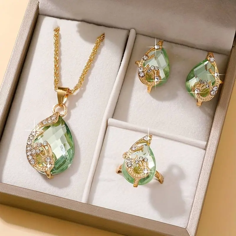 Luxurious Elegant Women's Glass Rhinestone Pendant Necklace And Earrings Ring Jewelry Set