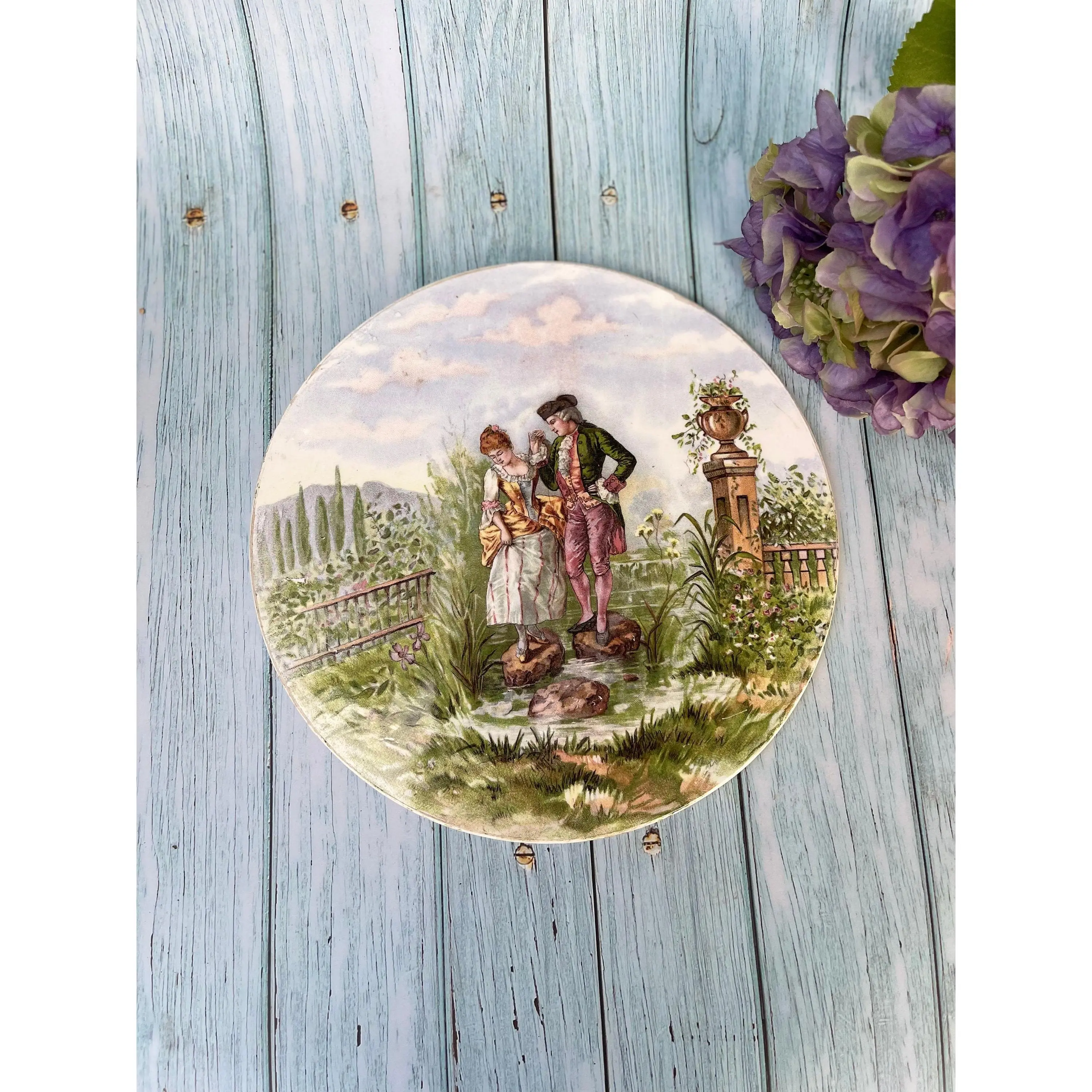 Antique Scale Plate / Pastoral Romantic Scene / Victorian White Ironstone  / Cheese Plate or Dish / Transfer Print Ceramic Platter