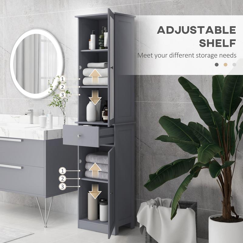 kleankin Bathroom Storage Cabinet with 3-tier Shelf Drawer Door, Floor Cabinet Free Standing Tall Slim Side Organizer Shelves, Grey 5