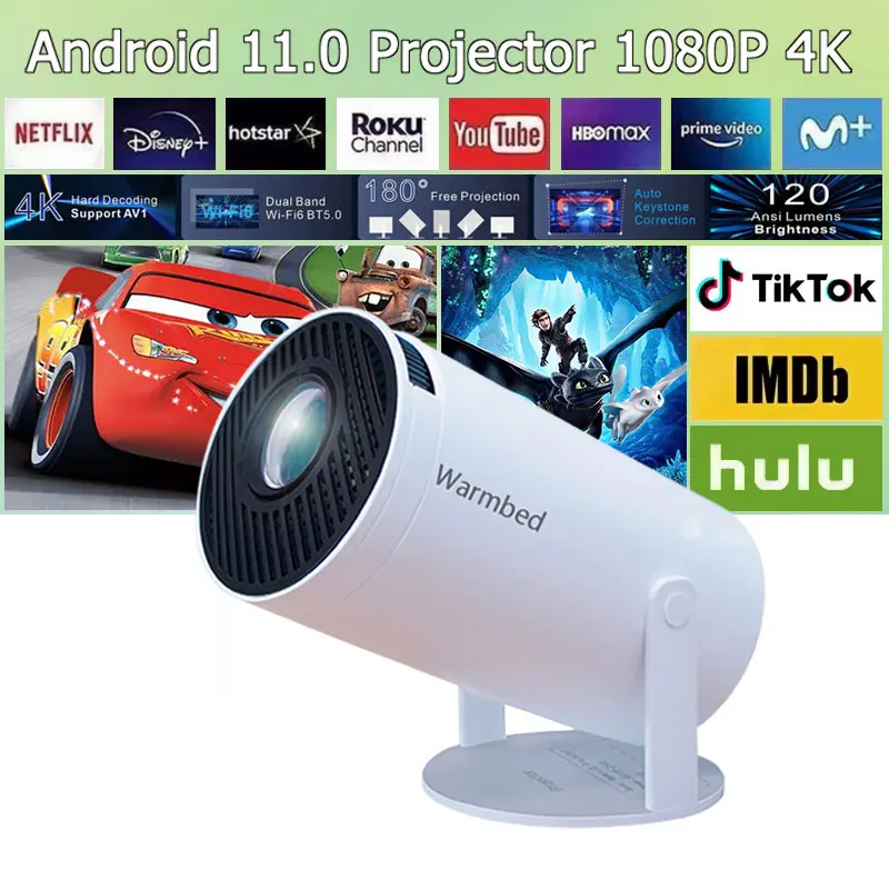 2025 New smart TV projector, 4k portable home theater, support 1080p playback, 180° adjustable Angle, WiFi and Bluetooth connection, remote control
