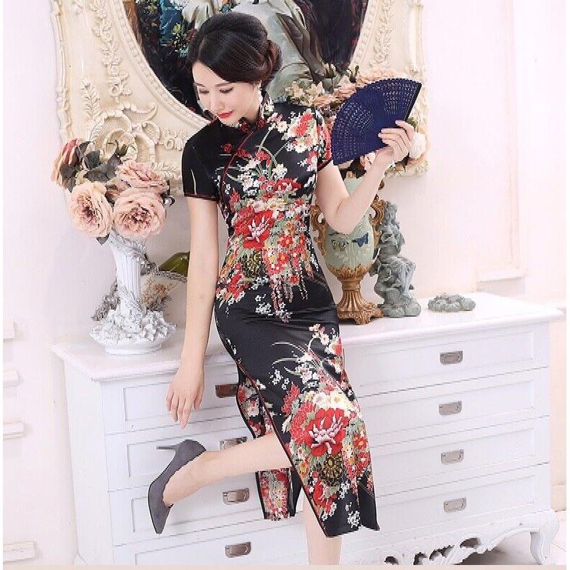 New Luxurious Black Satin Floral Chinese Long Dress Cheongsam Qipao lcdress195 4