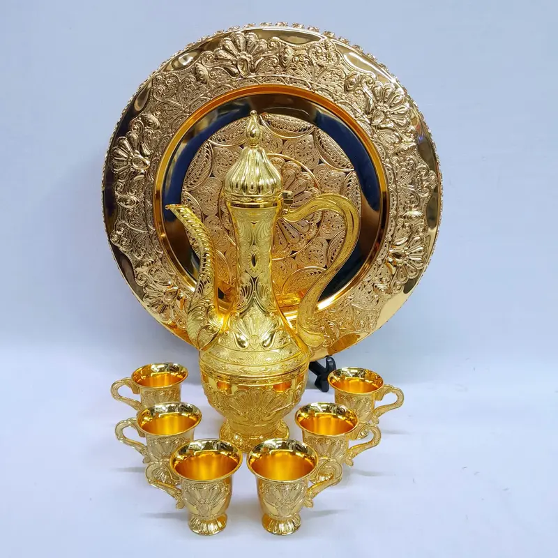 (1114-2) 8 Piece Gold ZamZam Water - Turkish Tea / Kawa / Coffee Set with Footed Tray In a Vintage Turkish / Middle Eastern Style - 1 Jug & 6 Cups 1