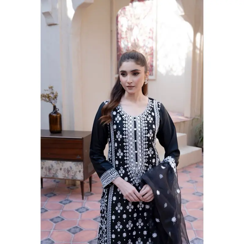 SAIMA FASHION (SL-03) LINEN EMBROIDERED | READYMADE 3 PC SUIT | EMBROIDERED SHIRT & SCARF WITH WIDE LEG BOTTOMS | PAKISTANI/INDIAN TRADITIONAL CLOTHING 6