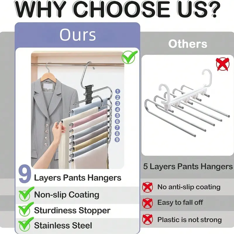 9 Layers Pants Hangers Space Saving, 2 Pack Multifunctional Pant Rack Stainless Steel Closet Organizer For Pants Jeans Leggings Trousers Room Decor Home Decor Fall Decor Bedroom Decor 3