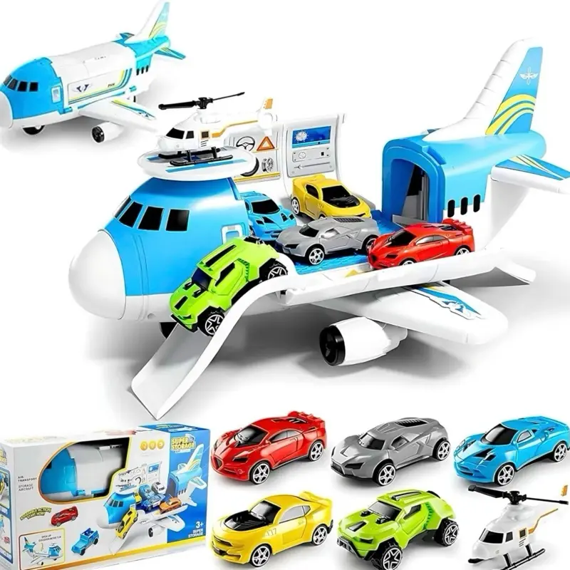P907-A, Airplane Toy Set, Transport Cargo Plane Play Toy, Aircraft Vehicle Toys, with 5 Mini Cars, Helicopter, Educational Toy Vehicle Play, Gift for 3 4 5 6 Years Old Boys Girls Kids