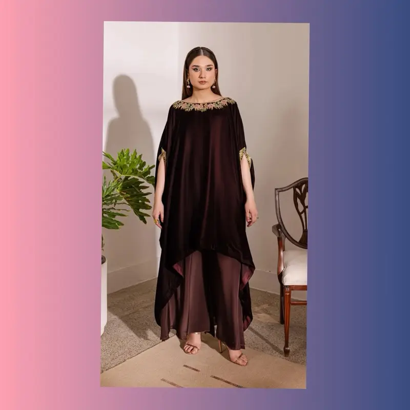 Eid outfit Micro Velvet Tilla Work Cape with Rawsilk Palazzo 1
