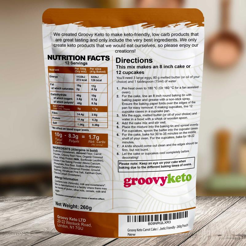 Groovy Keto Carrot Cake / Cupcake Mix | Low Carb | Keto Friendly | Sugar Free | Only 1.7g Net Carbs Per slice | Keto Baking Mix, Diabetic Friendly - 260g Pouch… Bake cakemix 1