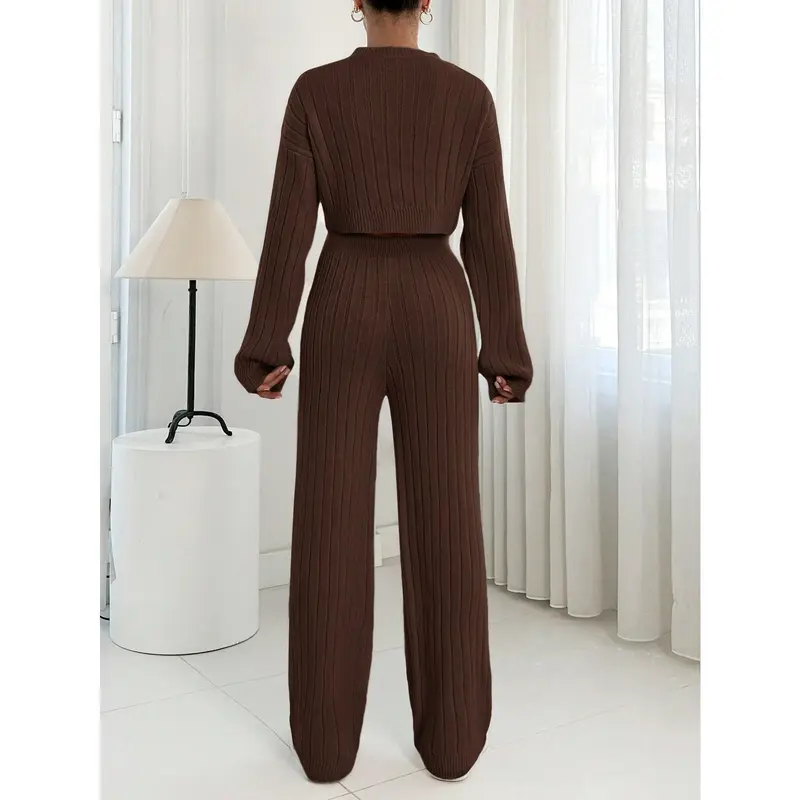 2pcs Women Solid Color Stand Collar Long Sleeve Sweater Top And Long Pants Casual Knitwear Set Clothing Fit Womenswear Suits Fabric Comfort Basic Minimalist 7