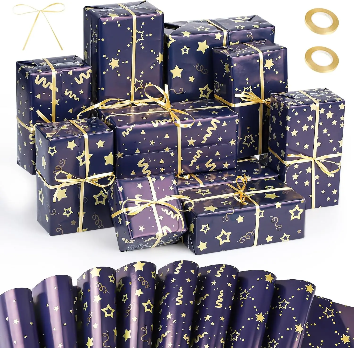 Birthday Wrapping Paper Set, Blue Star Wrapping Paper Recyclable with 2 Rolls Ribbons for Boys Girl Women Men 8 Sheets