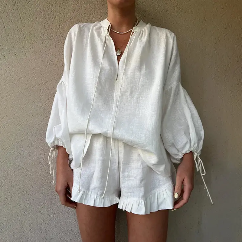 White V-neck Long Sleeve Lace Up Blouse Shorts Sets Women Lace Up Shirt Elastic Waist Shorts Suit Summer Casual Vacation Outfits 6
