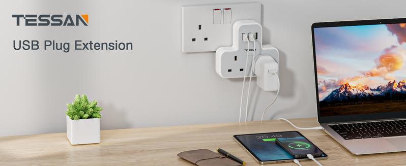 Product Introduction of Plug Adapter with 3 USB Plug, TESSAN Double Plug Adaptor Extension Plug, 2 Way Multi Plug Extension with USB Charger Plug, Slim Multiple Plug Socket UK for Kitchen, Office, School Supplies 6