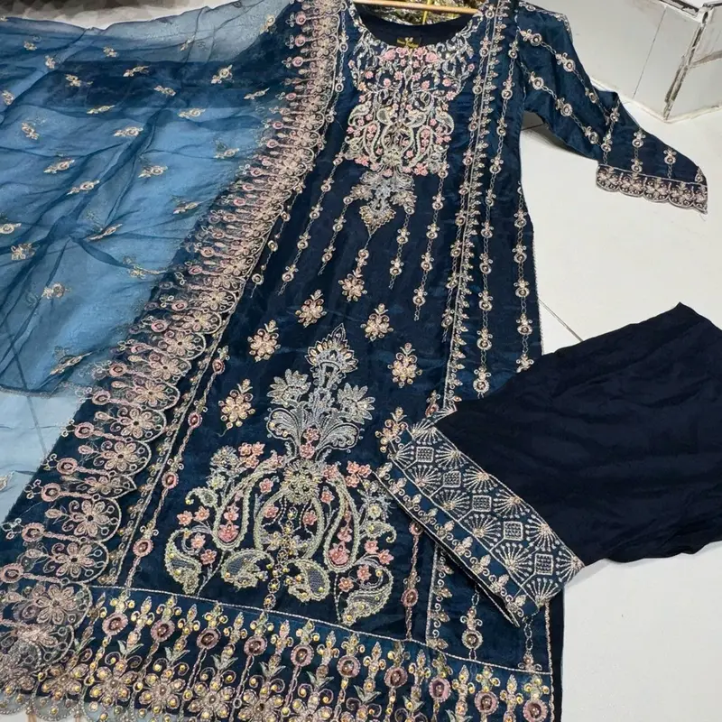 4 Colours BEGUM salwar kameez 3 piece Pakistani suit embroidered stonework S-XL 2