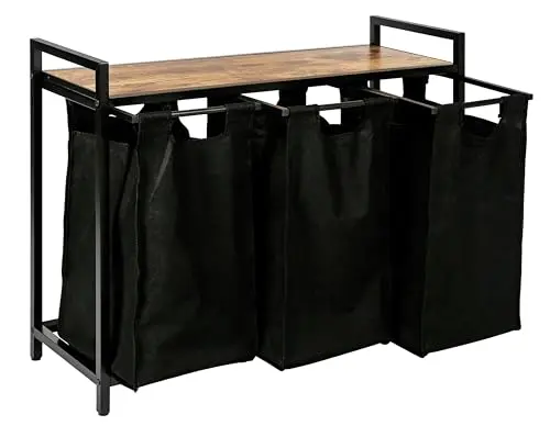 Large Industrial Wooden/Metal Laundry Hamper Basket Bin Organiser 3 x Removable Bags (30L Each) 7